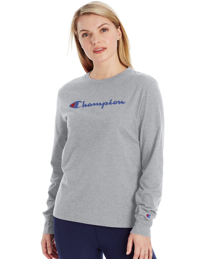 Champion Womens T-Shirt NZ - Classic Long-Sleeve Script Logo Grey ( 7851-ZRYMQ )